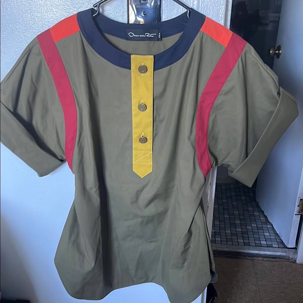 Oscar de la Renta Olive Blouse with Red and Yellow Accents